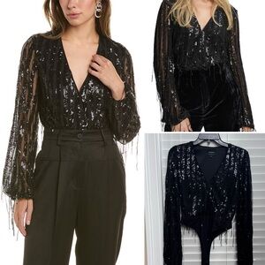 Bardot Black Sequin Long Sleeve Fringe Bodysuit - size XS